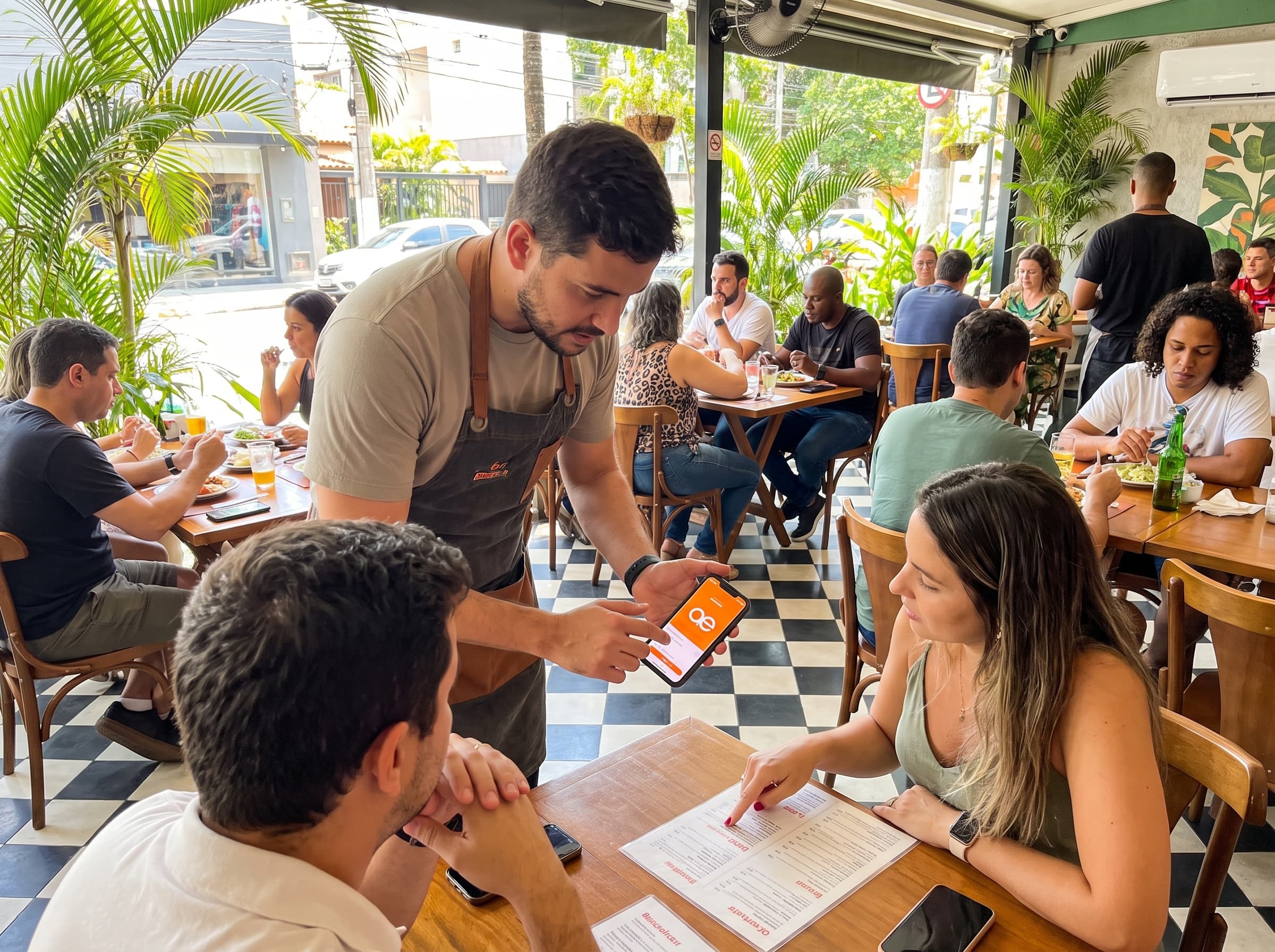 Garçom anotando o pedido dos clientes pelo app